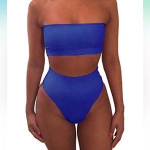 Women’s High Waisted Bikini Set Swimsuit Cheeky Blue Removable Pads Bandeau M